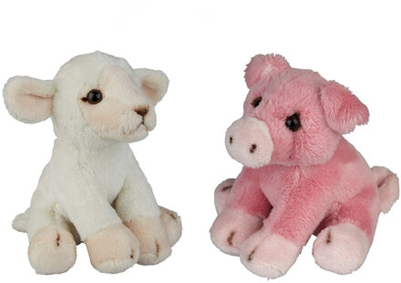 Boerderij dieren zachte pluche knuffels 2x stuks - Varken en Schaap van 15 cm