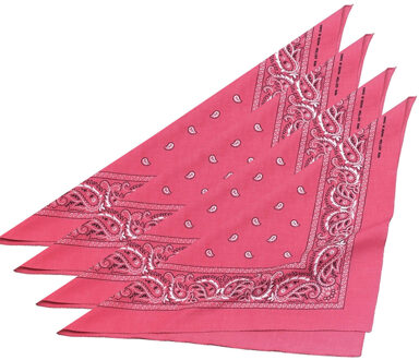 Boeren of cowboy zakdoek bandana - 4x stuks - roze - geruit - 54 x 53 cm - Carnaval verkleed accessi