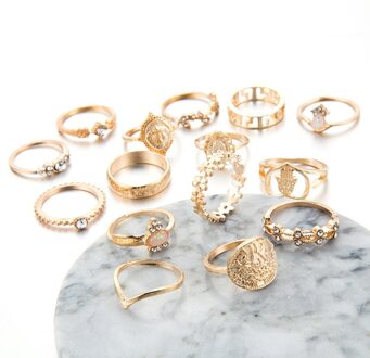 Bohemian Retro Vinger Sieraden Kroon Geometrische Rhinestone Leaf Vrouwen Ring Sets Hollow Stapelen Ringen Vintage Zilveren Kleur geel