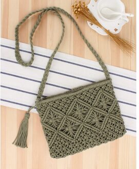 Bohemian Stijl Geweven Stro Tote Tas Voor Vrouwen Mode Eenvoudige Kwastje Casual Tote Tas Vintage Dames Meisje Strandtas leger groen
