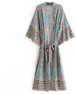 Boho Queens Vrouwen Groene Bloemenprint Sjerpen Bohemian Kimono Dames V-hals Batwing Mouwen Vintage Maxi Jurk Gewaad
