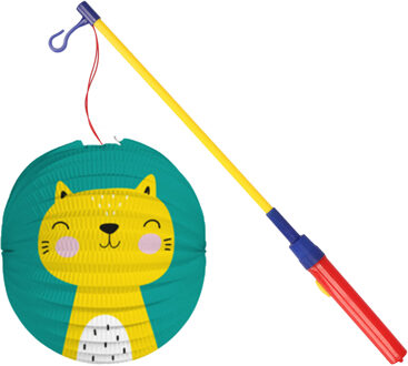 Bol lampion kat/poes - blauw - 22 cm - papier - met lampionstokje - 40 cm