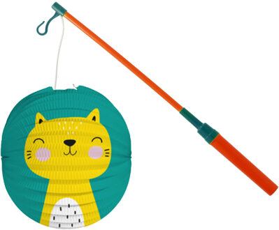 Bol lampion kat/poes - blauw - 22 cm - papier - met lampionstokje - 40 cm