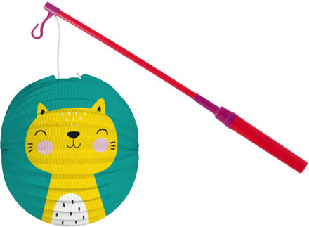 Bol lampion kat/poes - blauw - 22 cm - papier - met lampionstokje - 40 cm
