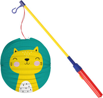 Bol lampion kat/poes - blauw - 22 cm - papier - met lampionstokje - 50 cm