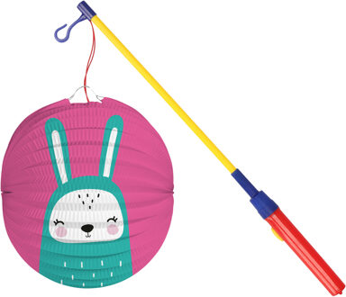 Bol lampion konijn - roze - 22 cm - papier - met lampionstokje - 40 cm