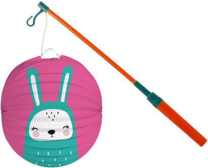 Bol lampion konijn - roze - 22 cm - papier - met lampionstokje - 40 cm