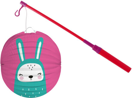 Bol lampion konijn - roze - 22 cm - papier - met lampionstokje - 40 cm