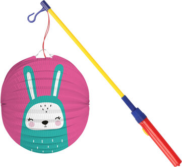 Bol lampion konijn - roze - 22 cm - papier - met lampionstokje - 50 cm