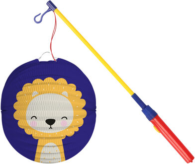Bol lampion leeuw - blauw - 22 cm - papier - met lampionstokje - 40 cm