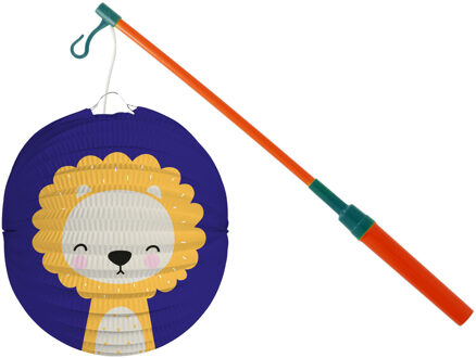 Bol lampion leeuw - blauw - 22 cm - papier - met lampionstokje - 40 cm