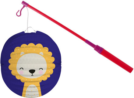 Bol lampion leeuw - blauw - 22 cm - papier - met lampionstokje - 40 cm