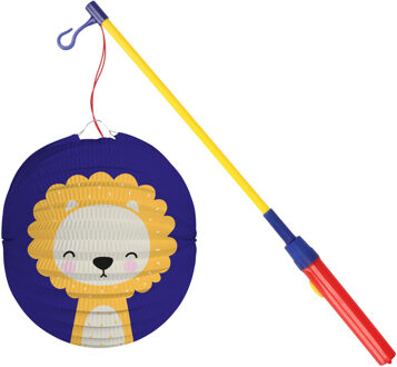 Bol lampion leeuw - blauw - 22 cm - papier - met lampionstokje - 50 cm