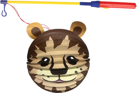 Bol lampion leeuw - donker bruin - H20 cm - papier - met lampionstokje - 40 cm