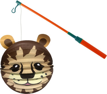 Bol lampion leeuw - donker bruin - H20 cm - papier - met lampionstokje - 40 cm