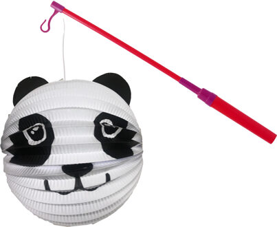 Bol lampion panda - wit - H20 cm - papier - met lampionstokje - 40 cm