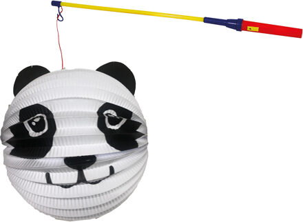 Bol lampion panda - wit - H20 cm - papier - met lampionstokje - 50 cm