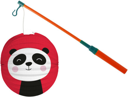 Bol lampion pandabeer - rood - 22 cm - papier - met lampionstokje - 40 cm