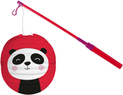 Bol lampion pandabeer - rood - 22 cm - papier - met lampionstokje - 40 cm