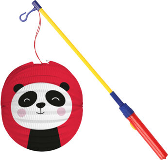 Bol lampion pandabeer - rood - 22 cm - papier - met lampionstokje - 50 cm