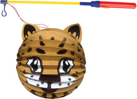 Bol lampion panter - bruin - H20 cm - papier - met lampionstokje - 40 cm