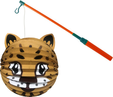 Bol lampion panter - bruin - H20 cm - papier - met lampionstokje - 40 cm