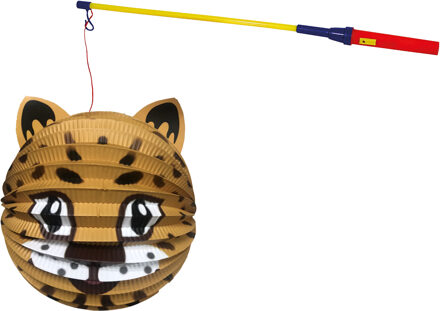 Bol lampion panter - bruin - H20 cm - papier - met lampionstokje - 50 cm