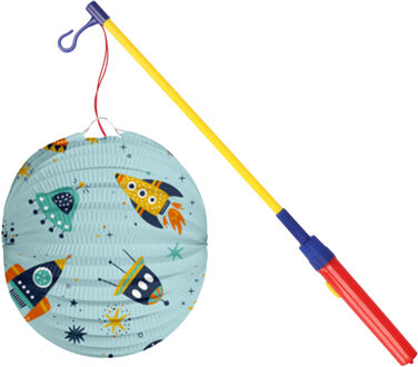 Bol lampion Space - licht blauw - 22 cm - papier - met lampionstokje - 40 cm