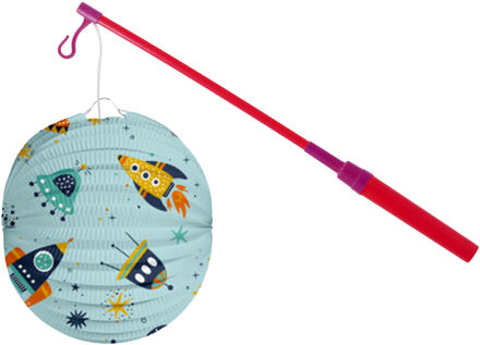 Bol lampion Space - licht blauw - 22 cm - papier - met lampionstokje - 40 cm