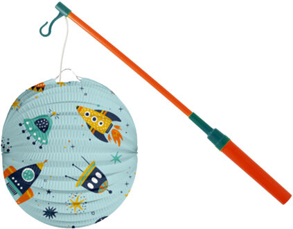 Bol lampion Space - licht blauw - 22 cm - papier - met lampionstokje - 40 cm