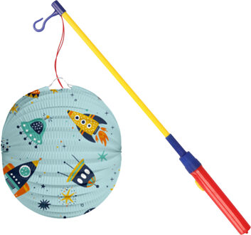 Bol lampion Space - licht blauw - 22 cm - papier - met lampionstokje - 50 cm