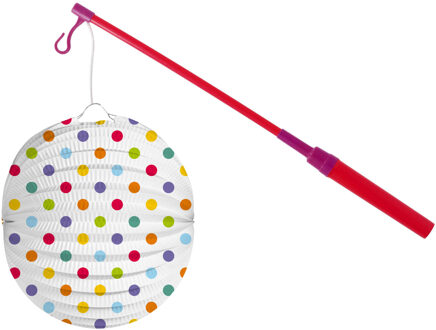 Bol lampion stippen - wit/regenboog - H22 cm - papier - met lampionstokje - 40 cm