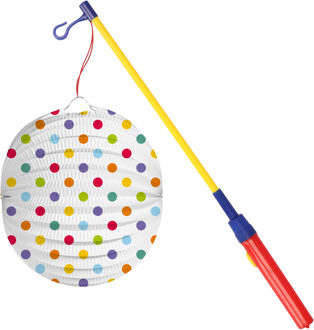 Bol lampion stippen - wit/regenboog - H22 cm - papier - met lampionstokje - 40 cm