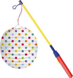 Bol lampion stippen - wit/regenboog - H22 cm - papier - met lampionstokje - 50 cm