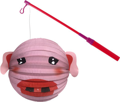 Bol lampion varken - roze - H20 cm - papier - met lampionstokje - 40 cm