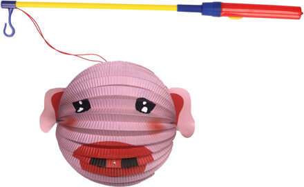 Bol lampion varken - roze - H20 cm - papier - met lampionstokje - 40 cm