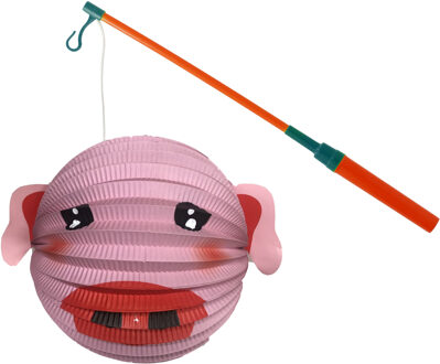 Bol lampion varken - roze - H20 cm - papier - met lampionstokje - 40 cm