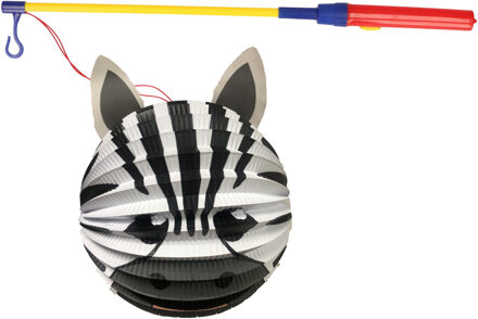 Bol lampion zebra - wit/zwart - H20 cm - papier - met lampionstokje - 40 cm