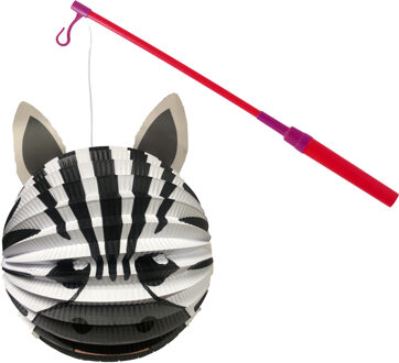Bol lampion zebra - wit/zwart - H20 cm - papier - met lampionstokje - 40 cm
