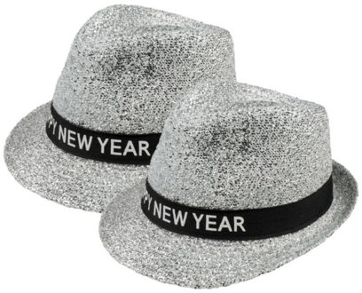 Boland 2x stuks happy New Year thema glitters verkleed hoedje zilver - Verkleedhoofddeksels Zilverkleurig