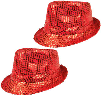 Boland 2x Stuks Trilby hoeden met pailletten - rood - glitter - Verkleedhoofddeksels