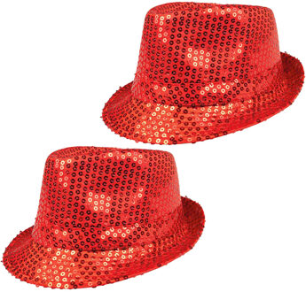 Boland 2x Stuks Trilby hoeden met pailletten - rood - glitter