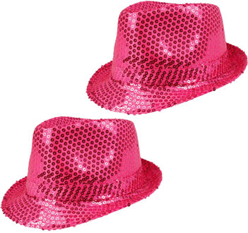 Boland 2x Stuks Trilby hoeden met pailletten - roze - glitter - Verkleedhoofddeksels