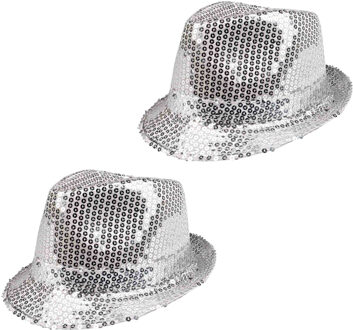 Boland 2x Stuks Trilby hoeden met pailletten - zilver - glitter - Verkleedhoofddeksels Zilverkleurig