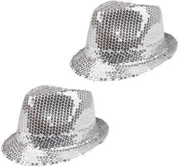 Boland 2x Stuks Trilby hoeden met pailletten - zilver - glitter