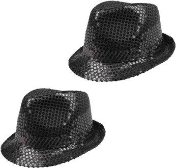 Boland 2x Stuks Trilby hoeden met pailletten - zwart - glitter