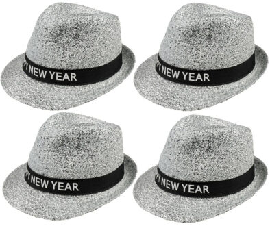 Boland 4x stuks happy New Year thema glitters verkleed hoedje zilver - Verkleedhoofddeksels Zilverkleurig