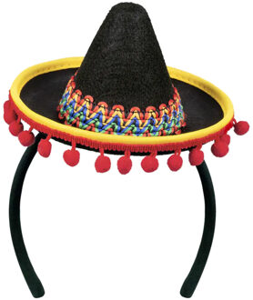 Boland Atosa Verkleed diadeem mini hoedje - zwart/rood - meisjes/dames - Mexicaanse Sombrero thema - Verkleedhoofddeksels