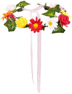 Boland Carnaval/festival hippie flower power hoofdband met gekleurde bloemen en bladeren - Verkleedhaardecoratie Multikleur