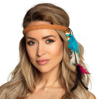 Boland Carnaval/festival hippie flower power hoofdband met gekleurde veren - Verkleedhaardecoratie Multikleur